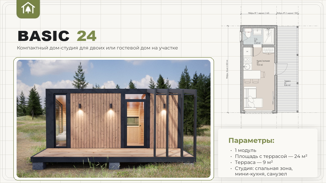 Лист проекта Basic 24: дом, план и параметры